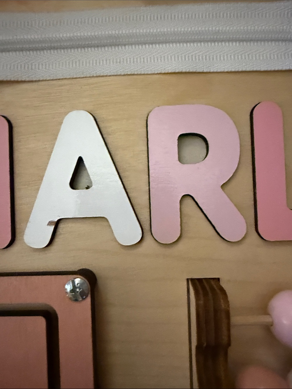 Wooden Activity Board for Girls- Personalized Pink and Natural for Charlie - Picture 4 of 13